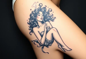 Curly haired Woman smoking while floating in outer space tattoo idea