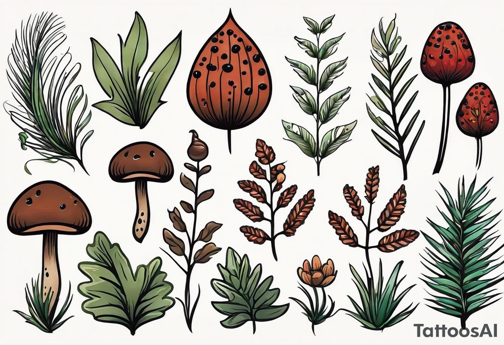 forest floor inspired minimalist tattoo, which includes grass, curly ferns, moss and dead leaves as the bulk of the tattoo. details to include: forest berries, a tiny bumblebee flying nearby, three small brown mushrooms
Generate a vertically long one tattoo idea