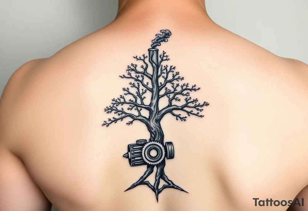 tree growing out of a v shaped 
engine with a smoke stack coming out of the top of the tree billowing black smoke with a steam punk vibe tattoo idea