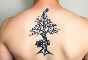 tree growing out of a v shaped 
engine with a smoke stack coming out of the top of the tree billowing black smoke with a steam punk vibe tattoo idea