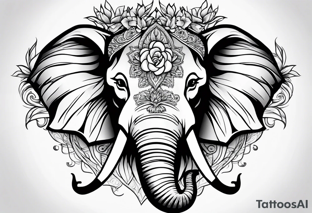 elephant face with flowers tattoo idea