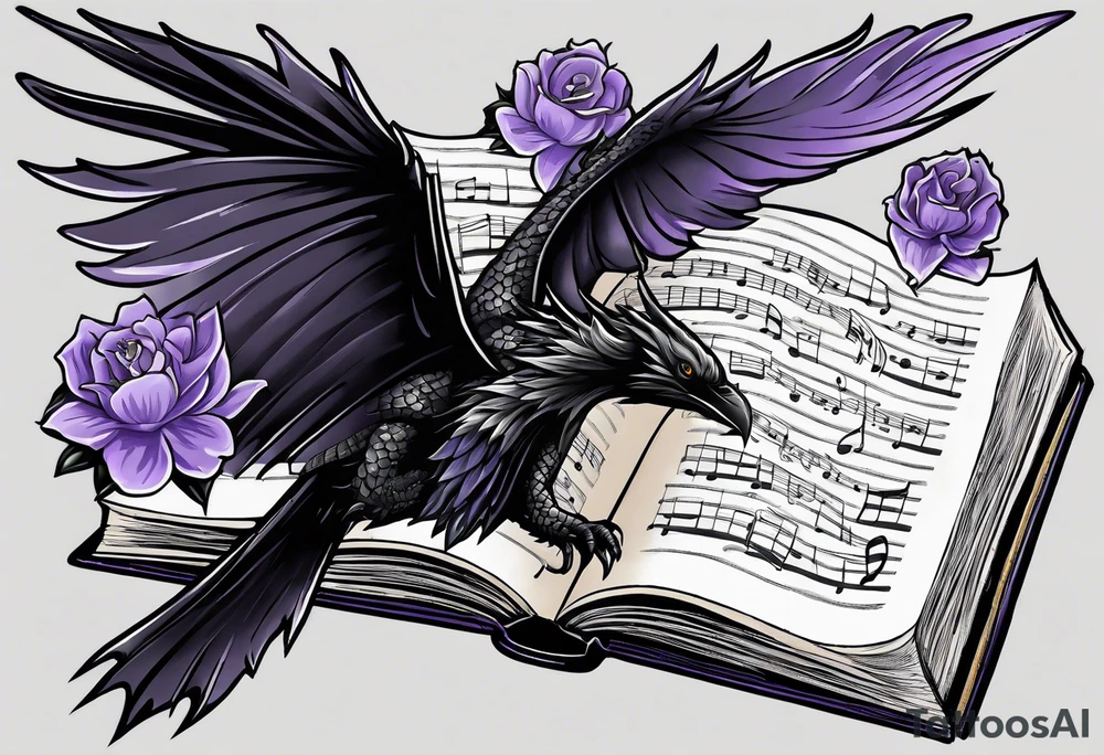 an open book with a small dragon flying over a perched raven, a pawn piece to the right, a single music note and a lavender flower under the book tattoo idea