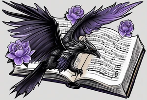 an open book with a small dragon flying over a perched raven, a pawn piece to the right, a single music note and a lavender flower under the book tattoo idea