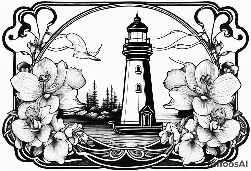 Lighthouse and anchor with orchids tattoo idea