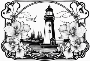Lighthouse and anchor with orchids tattoo idea