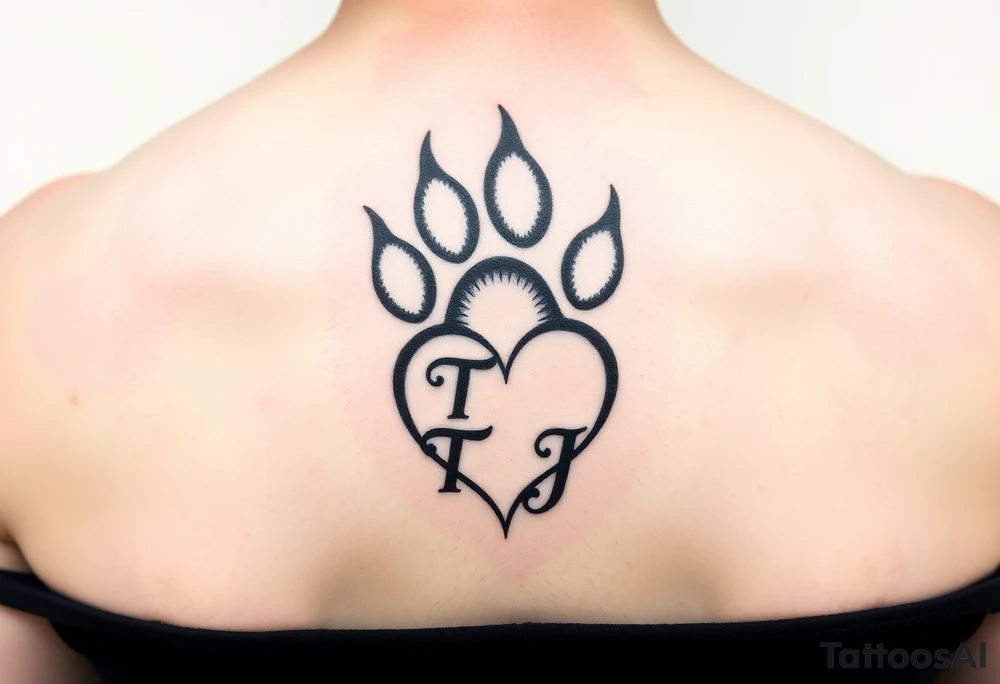 A pawprint and a heart with the letters T and J tattoo idea