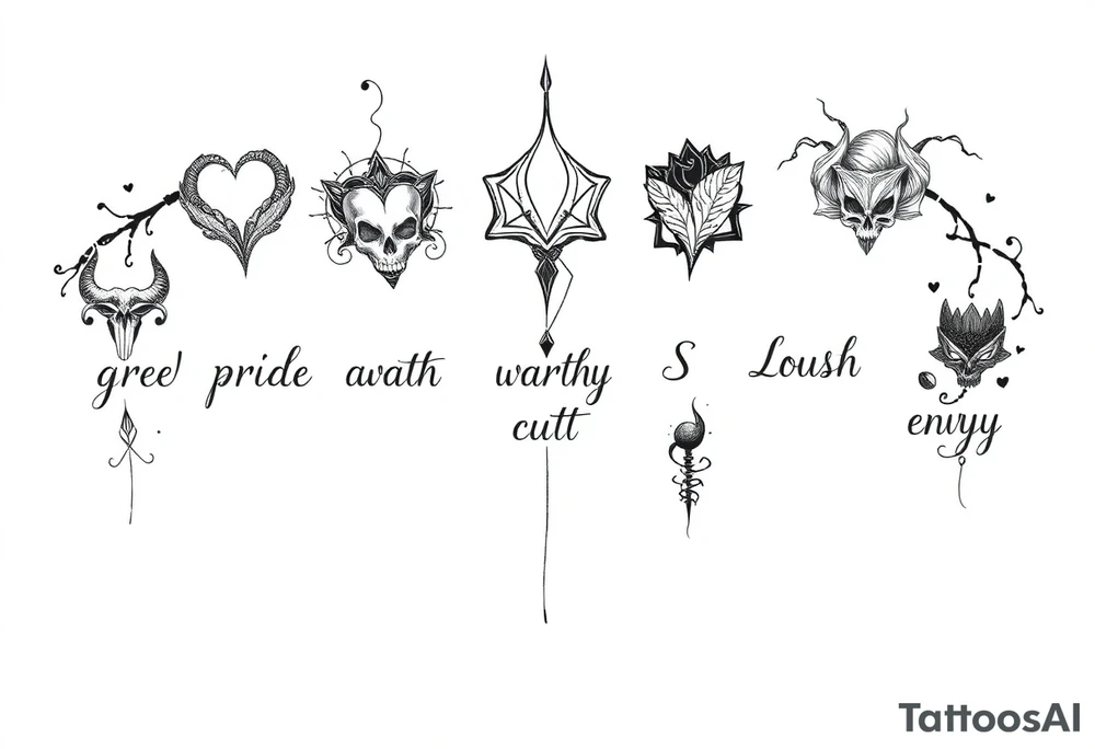 powerful sexy seven deadly sins with words greed, pride, gluttony, wrath, lust, sloth and envy, with a darkness kind of feeling tattoo idea