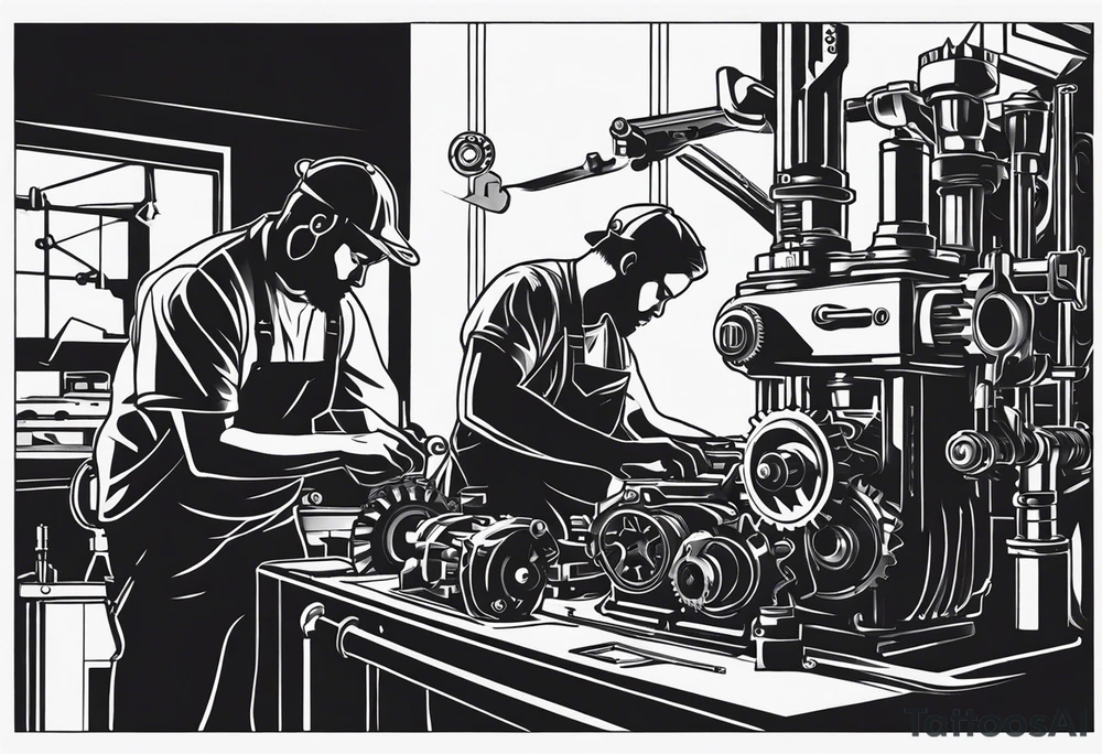 Create a BLACK and white drawing of a mechanic working on a machine, surrounded by mechanical elements like gears and tools. Clear lines and no shadows tattoo idea
