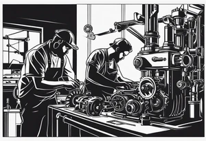 Create a BLACK and white drawing of a mechanic working on a machine, surrounded by mechanical elements like gears and tools. Clear lines and no shadows tattoo idea