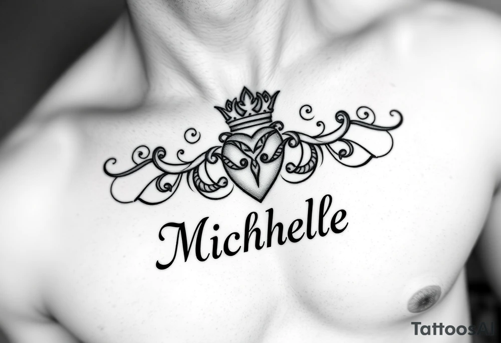 Create a tattoo on a man’s chest if a woman’s name. Claddagh and the name Michelle. Irish themed with Celtic knot design throughout. tattoo idea
