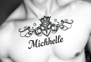 Create a tattoo on a man’s chest if a woman’s name. Claddagh and the name Michelle. Irish themed with Celtic knot design throughout. tattoo idea