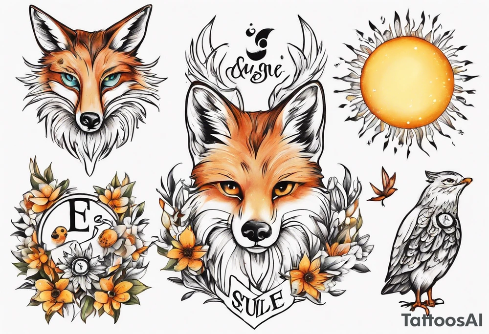 Fuchs und Eule unter der Sonne mit dem Schriftzug Sapere Aude tattoo idea