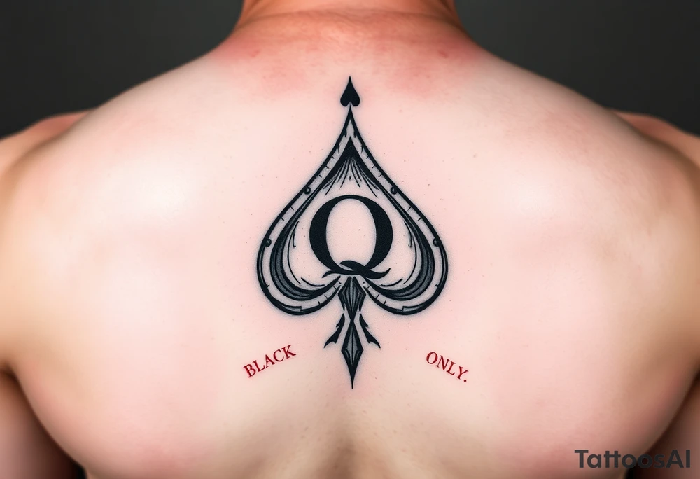 A spade womb tattoo with a Q in the center, with three points around the outside. The first reading, "BLACK". The second reading, "SEED". The third reading, "ONLY". tattoo idea