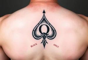 A spade womb tattoo with a Q in the center, with three points around the outside. The first reading, "BLACK". The second reading, "SEED". The third reading, "ONLY". tattoo idea