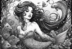 Swamp mermaid, ugly, creepy, undead, moss, fishlike, minimalist, hairless teeth tattoo idea