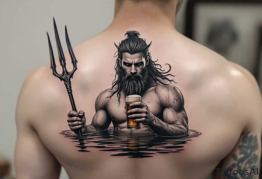 young, fit poseidon in calm water, holding a trident, holding a beer, looking at the beer tattoo idea