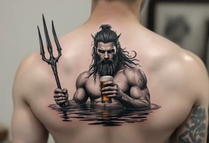 young, fit poseidon in calm water, holding a trident, holding a beer, looking at the beer tattoo idea