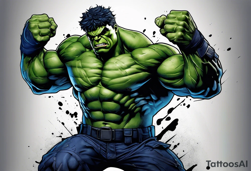 The hulk, wearing a dark blue police uniform. The uniform is tattered on the arms and knees. tattoo idea