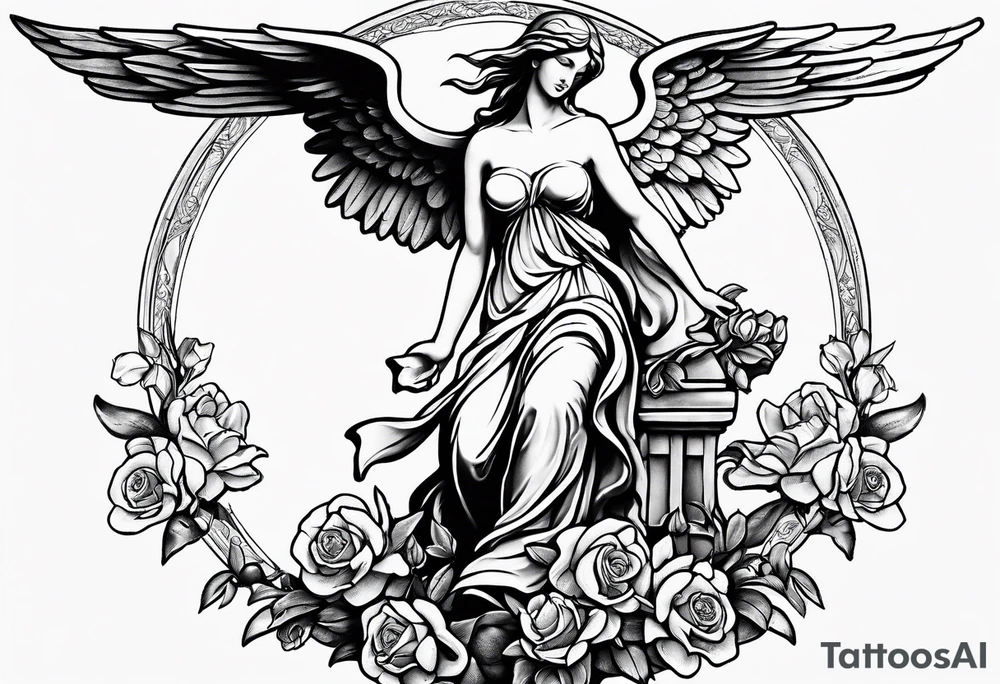 Simple Angel statue stood on a rock with daffodils and roses wrapped around its legs tattoo idea