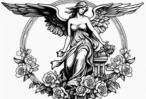 Simple Angel statue stood on a rock with daffodils and roses wrapped around its legs tattoo idea