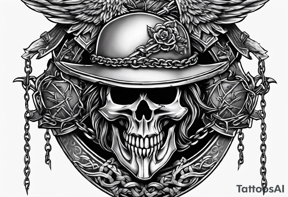 Valhalla sword shield axe barbed wire chains dark cloud tattoo idea