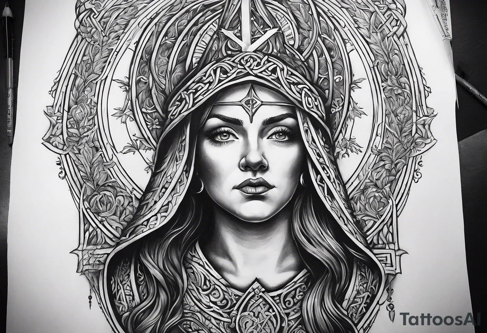 A full back piece themed on the surname mcbride and the irish saint brigid. It should take inspiration from artwork of saint brigid holding fire in her hands. It should have the text Vincit Pericula Virtus on it tattoo idea