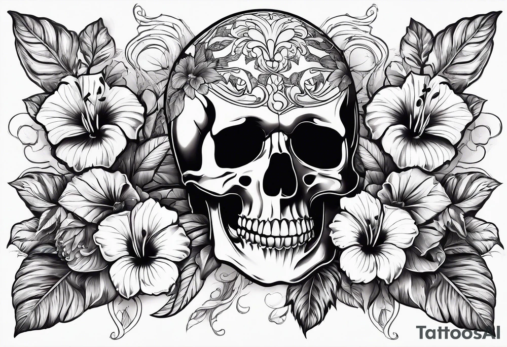 a female skeleton surrounded by hibiscus flower tattoo idea