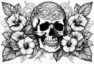 a female skeleton surrounded by hibiscus flower tattoo idea