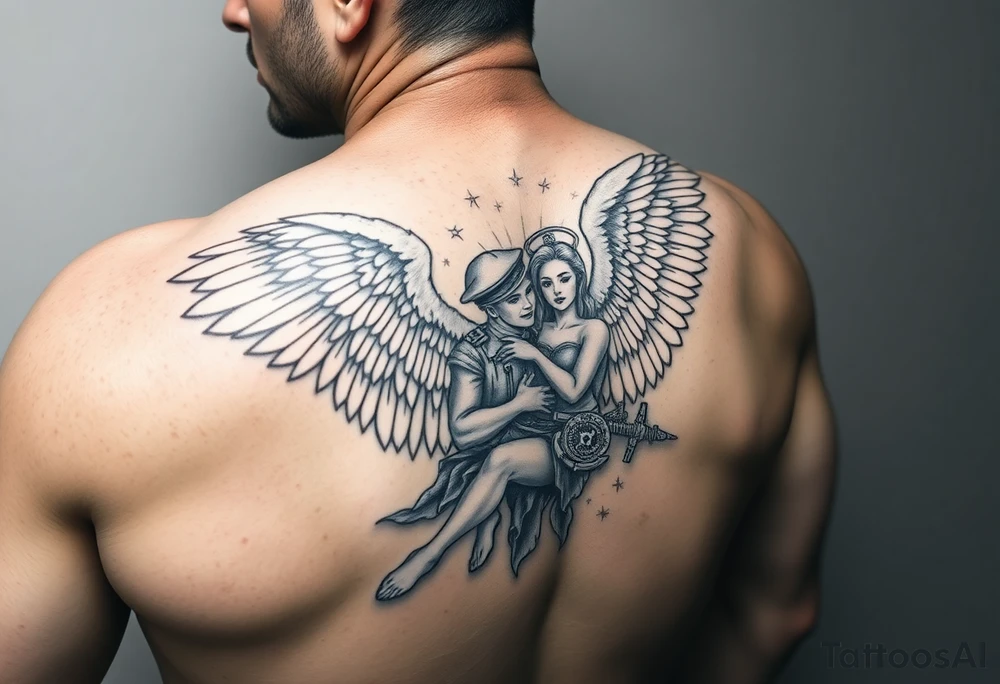 Muscular male guardian angel carrying female officer in the United States coast guard tattoo idea