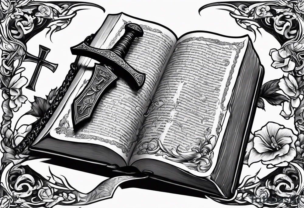 An opened bible with a battle Axe tattoo idea
