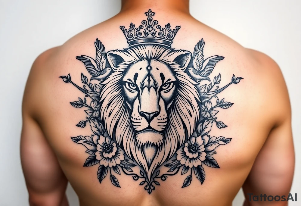 powerful majestic lion with a crown, surrounded by floral ornaments and birds tattoo idea