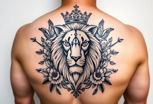 powerful majestic lion with a crown, surrounded by floral ornaments and birds tattoo idea