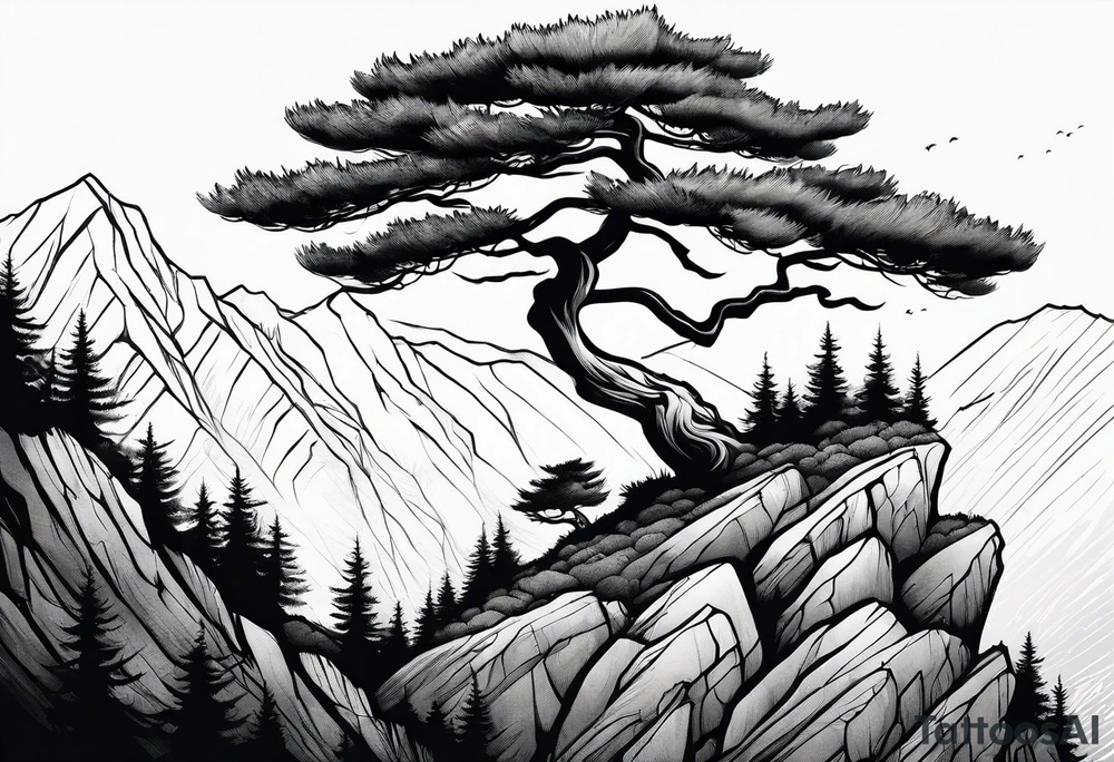 pine tree on the edge of a cliff tattoo idea
