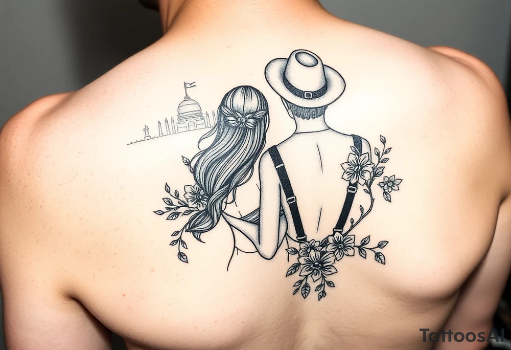 Two people setting out on a powerful new life journey to San Miguel de Allende, Mexico. Include colorful and delicate vines, ornaments, and floral accents. Please do not include images of people and the design should be abstract and colorful tattoo idea