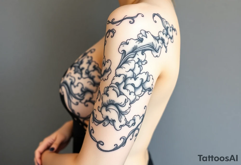 Celestial swirling tumultuous intergalactic space clouds daintily flowing like light wispy smoke tattoo idea