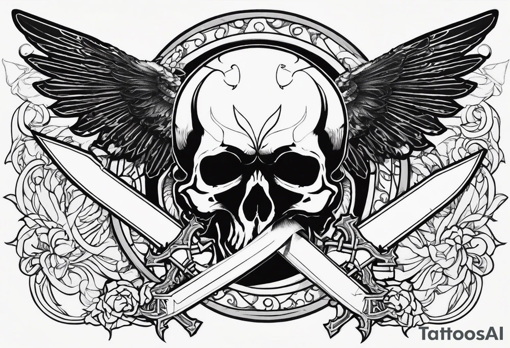 In the center is a half skull pierced by a large sword. On either side of the skull, there are spread angel wings, Beneath the skull is a ribbon cross elements on that, ribbon weaves through both the skull and the sword tattoo idea