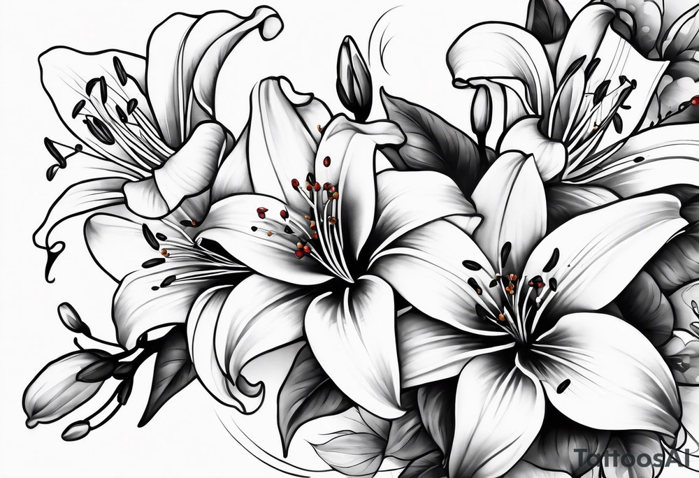 5 lilies and cherry blossom branch tattoo idea