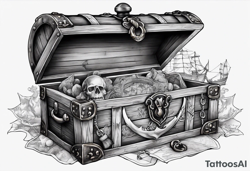 Chest tattoo that is about pirates ,captain ,treasure map no persons tattoo idea