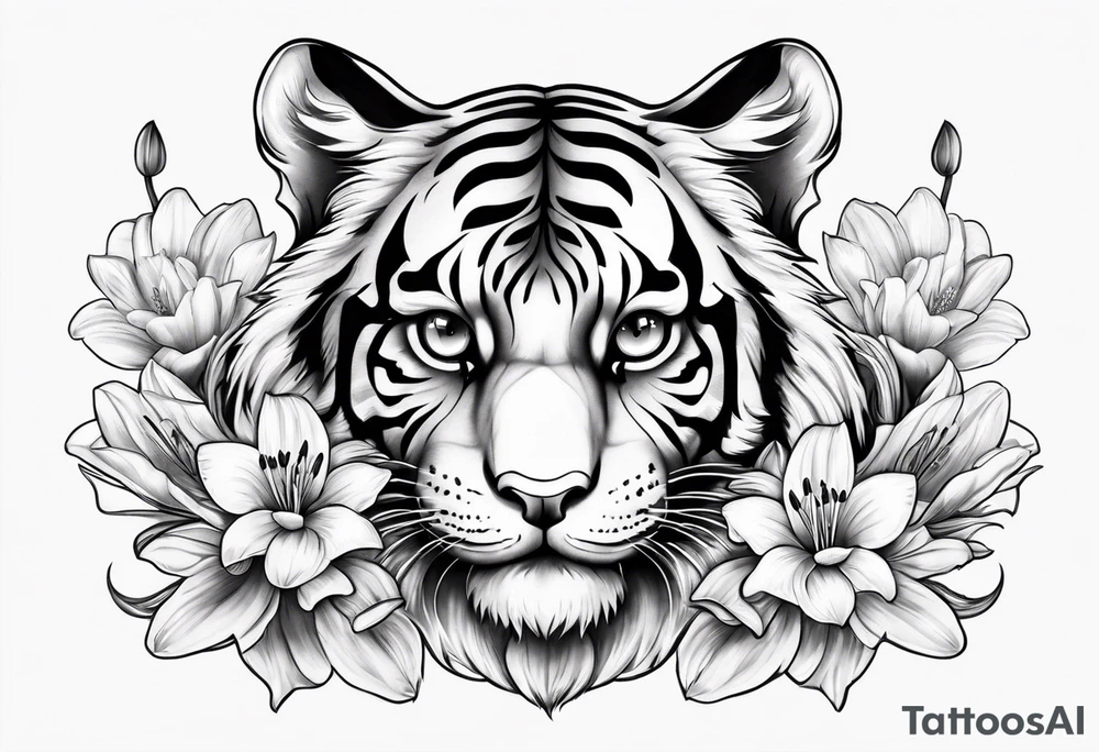 cute tiger with lily flowers tattoo idea