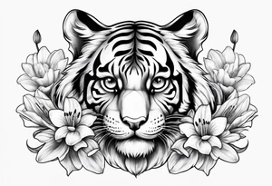 cute tiger with lily flowers tattoo idea