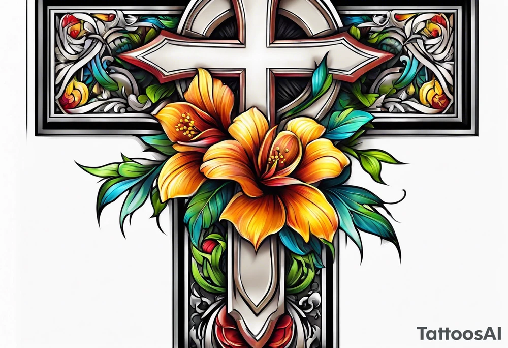 Flowers around a cross tattoo idea