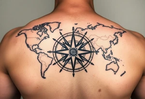 antique compass rose overlaid on weathered world map with sailing ships tattoo idea