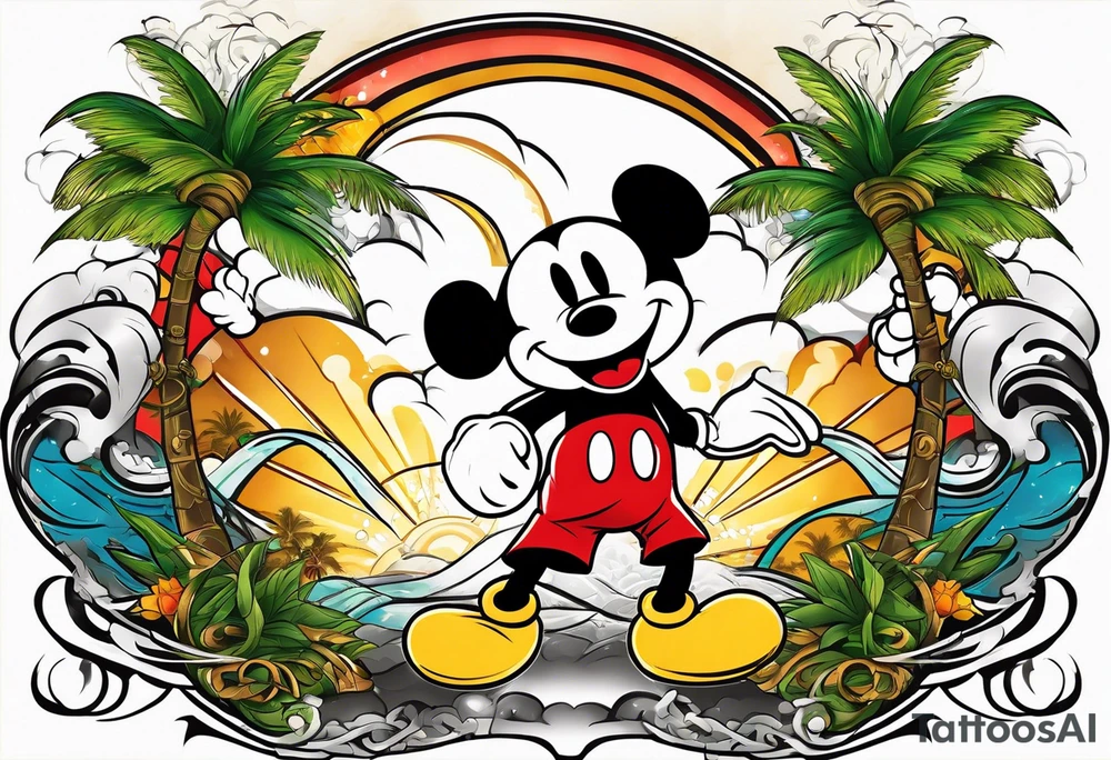 mickey mouse doing martial arts with palm trees, lightning storm and the celtic symbol for family tattoo idea