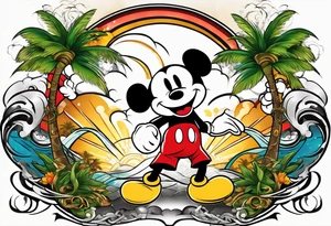 mickey mouse doing martial arts with palm trees, lightning storm and the celtic symbol for family tattoo idea