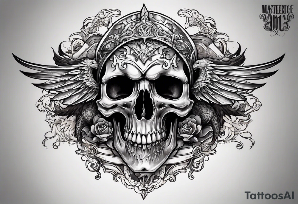 Flying fiery skull with encircling dragon tattoo idea