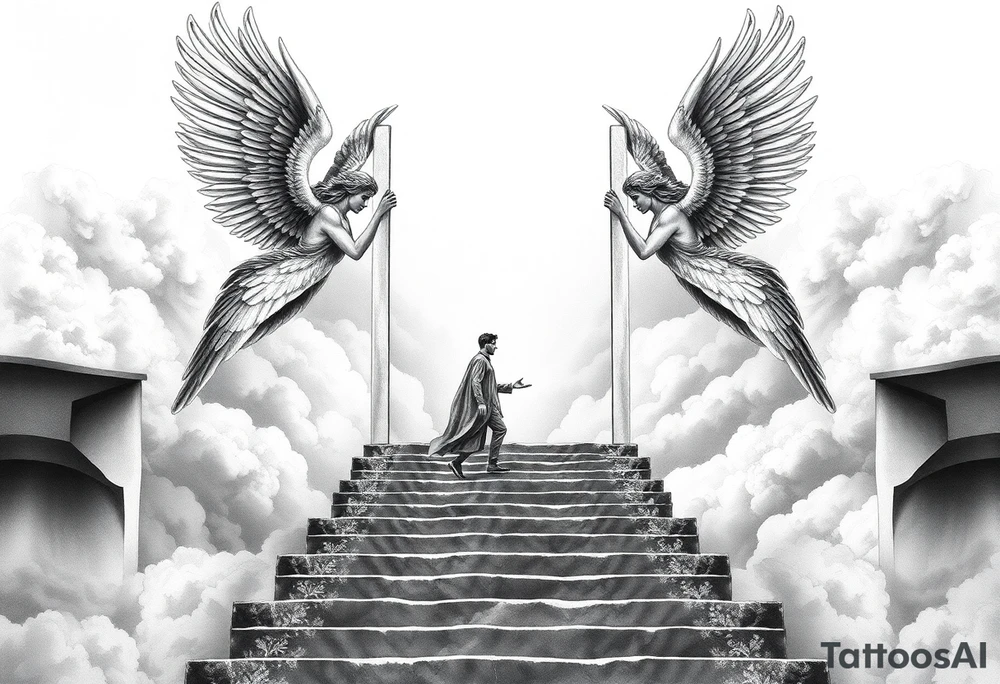 Too strong maleangels holding open the gates of heaven with the male figure walking up the steps.Saying fly high baby boy Realistic angels With clouds in the background and I won't text that I fly hi.Gh baby boy chess fully covered And a woman angel have body over thit on it tattoo idea
