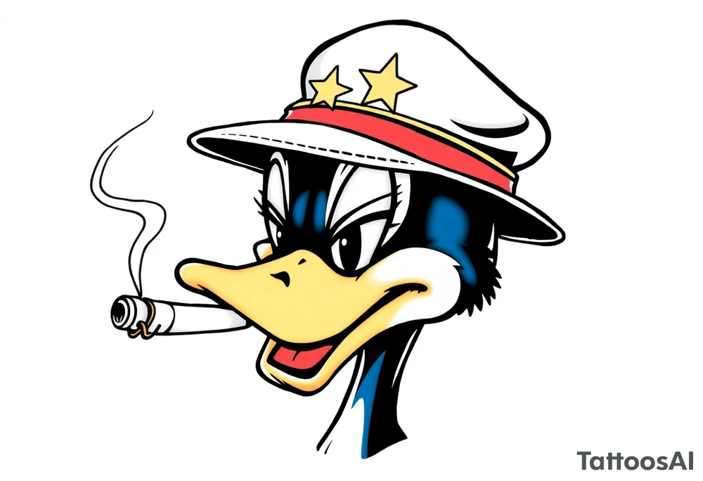 Older looking Daffy duck  smoking a rolled cigarette with a Vietnam veteran hat on and make his eyelids low and chill looking tattoo idea