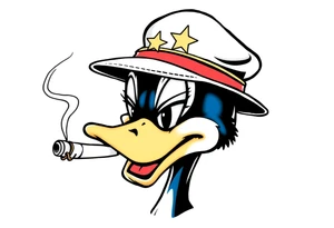 Older looking Daffy duck  smoking a rolled cigarette with a Vietnam veteran hat on and make his eyelids low and chill looking tattoo idea