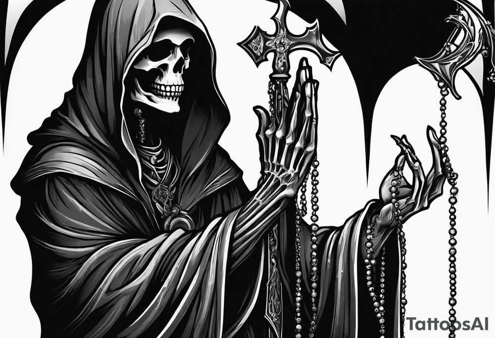 The grim reaper standing from a side profile praying with a rosary wrapped around his hands from a far with skeleton hands back up tattoo idea