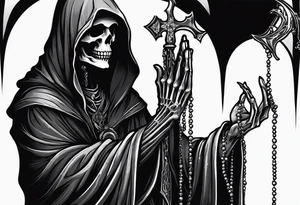 The grim reaper standing from a side profile praying with a rosary wrapped around his hands from a far with skeleton hands back up tattoo idea